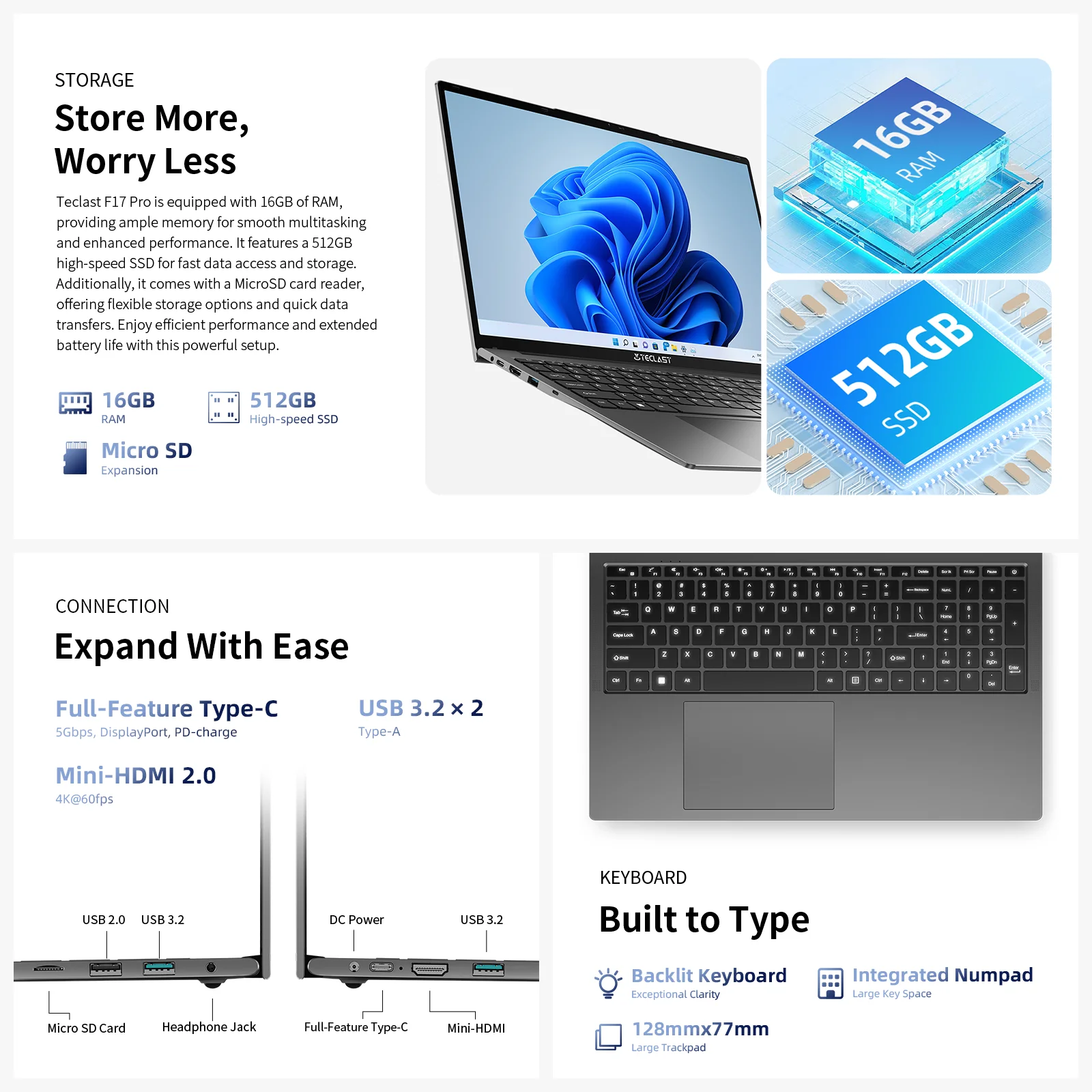 Teclast F17Pro 17,3" Laptop Intel i5-1030NG7 16 GB di RAM 512 GB SSD Windows 11 180 °   Tastiera retroilluminata per notebook mini-HDMI F17 Pro
