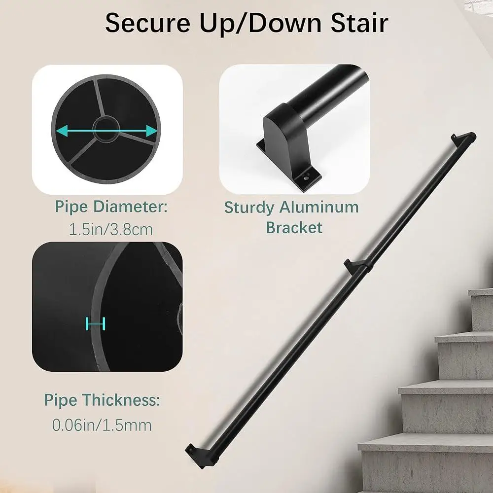 Indoor Outdoor Stair Railing Heavy Duty Metal Handrail 1.5in Diameter Industrial Style 440LBS Load Capacity Easy Installation