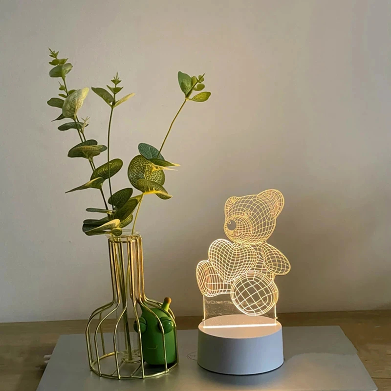 3D Acrylic Bear Lamp USB LED Night Light for Bedroom Home Christmas Xmas Decorations Birthday Wedding Gifts Creative Bear Design