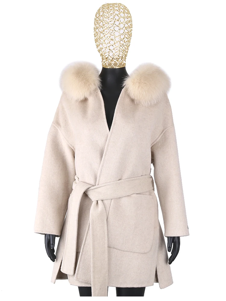 Furyoume Kaschmir-Wollmantel mit Gürtel für Damen, echter Fuchspelzkragen, lange Jacke, lockere Oberbekleidung, Wintermode, neu