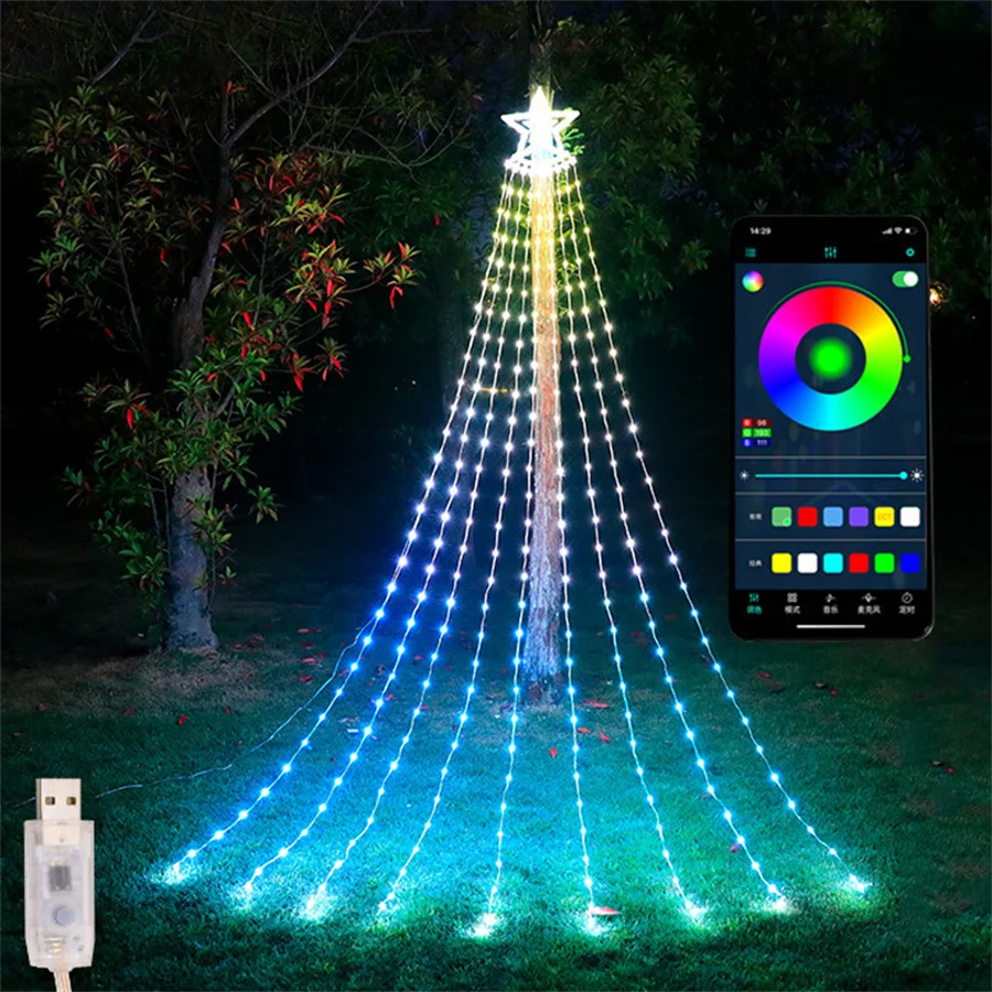 3m 304led Smart App gesteuert Weihnachts baum Wasserfall String Licht mit Star Topper Dream color Wasserfall Fee Licht Girlande