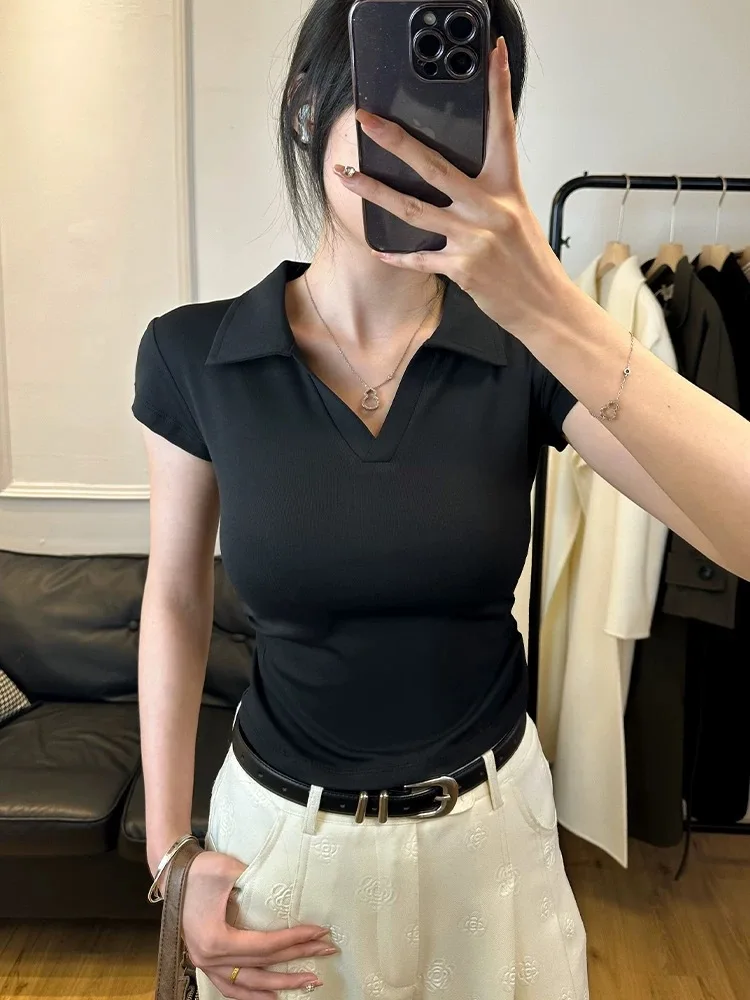 Algodão verão sexy camiseta feminina magro básico sólido colheita topo manga curta polo tshirtcasual topo para mulher