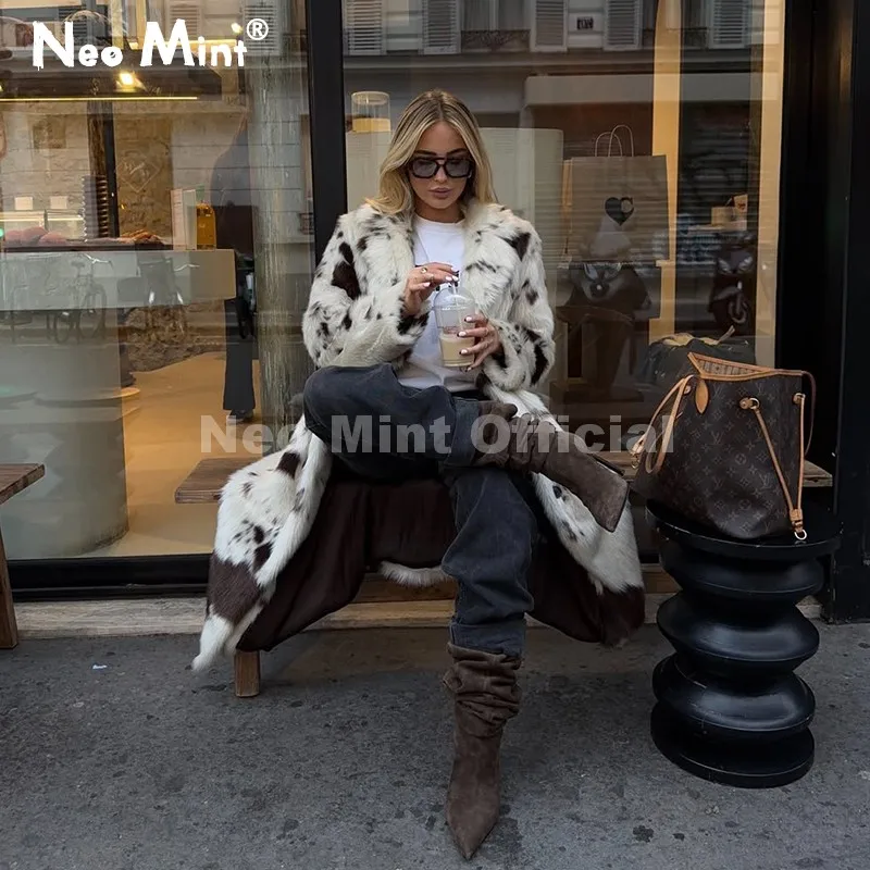 Neo mint novo 2025 marca de luxo quente moda vaca impressão longo casaco de pele do falso jaqueta feminina inverno grosso quente outerwear casaco fofo