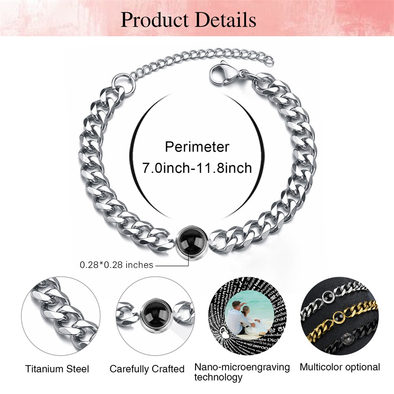 Pulseira personalizada com imagem interna de aço de titânio pulseira de corrente cubana com projeção de foto personalizada para homens e mulheres