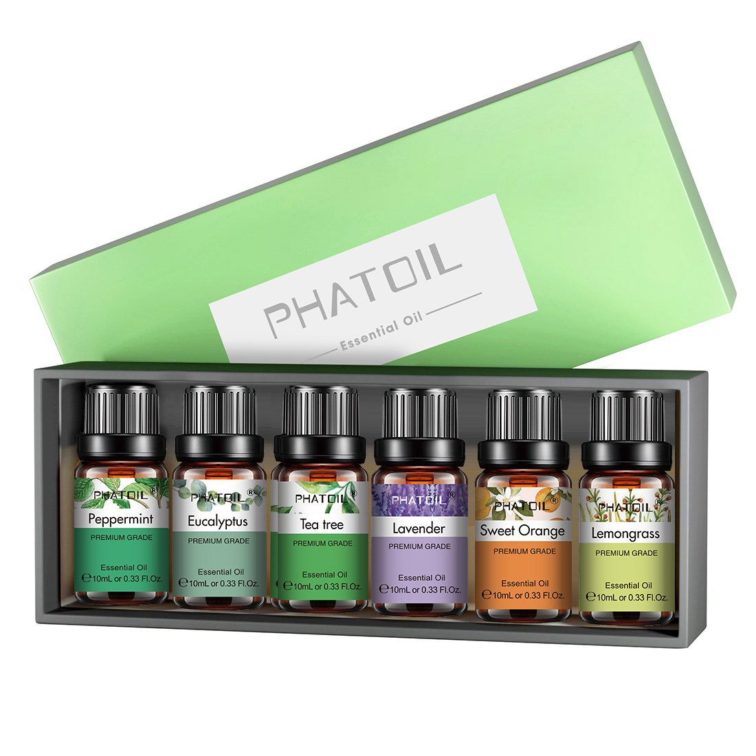 PHATOIL 6 stks Essentiële Olie Set 10 ml Puur Natuurlijke Lavendel Eucalyptus Pepermunt Tea Tree Oranje Citroengras voor Diffuser Kaarsen