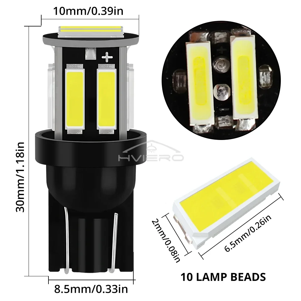 4szt T10 COB 10SMD Led 7020 Auto At Night LED 194 168 Wedge Replacement Reverse Instrument Panel Lamp White Żarówki do oświetlenia