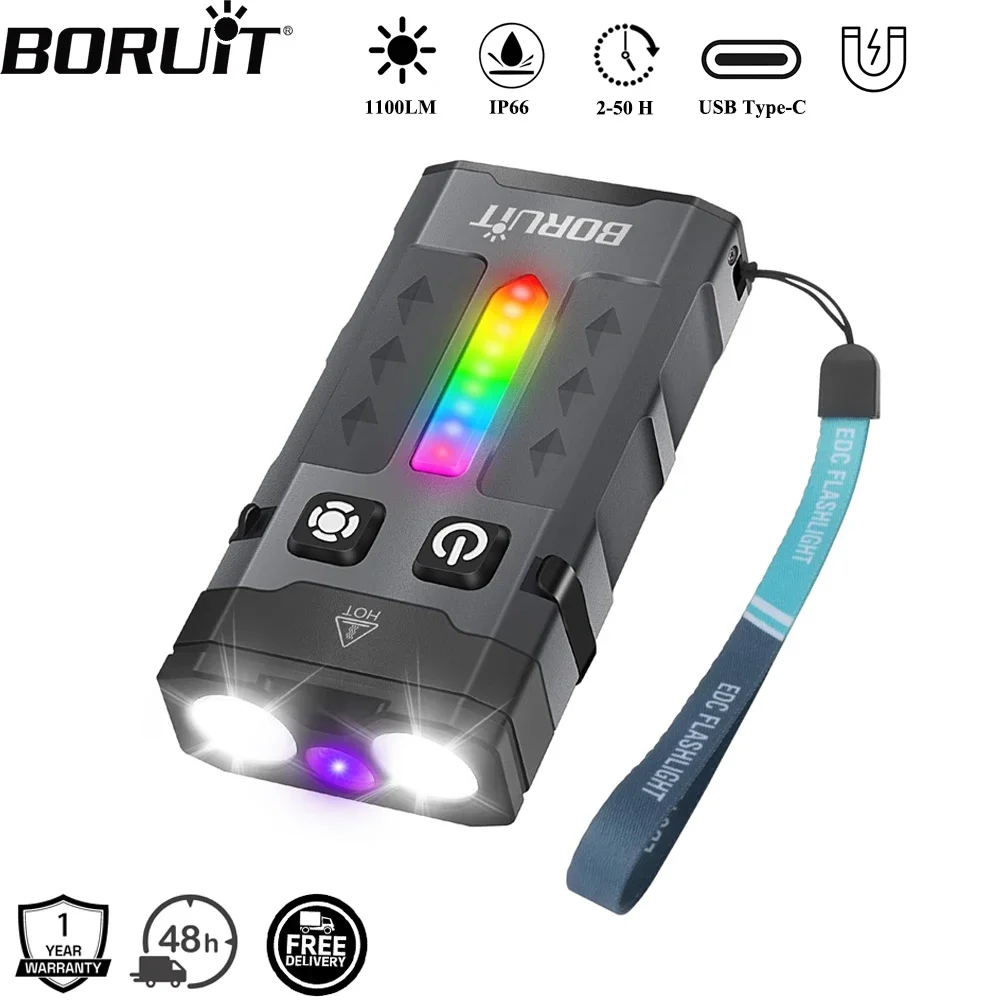 BORUiT EV20 1100LM EDC УФ-брелок Светодиодный фонарик Type-C Перезаряжаемый рабочий фонарь с магнитом Карманный фонарь для кемпинга
