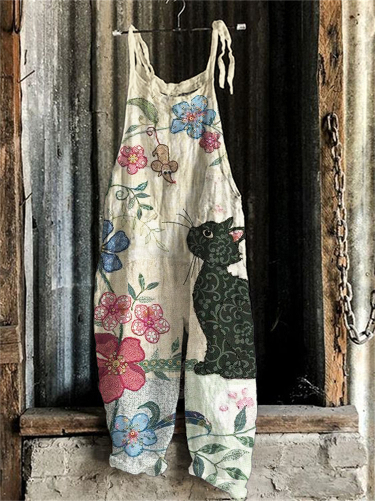 New Women Fun Cat Print Adjustable Strap Romper Autumn Wide Leg Romper Loose Casual Bib Overalls With Overalls Romper With Strap
