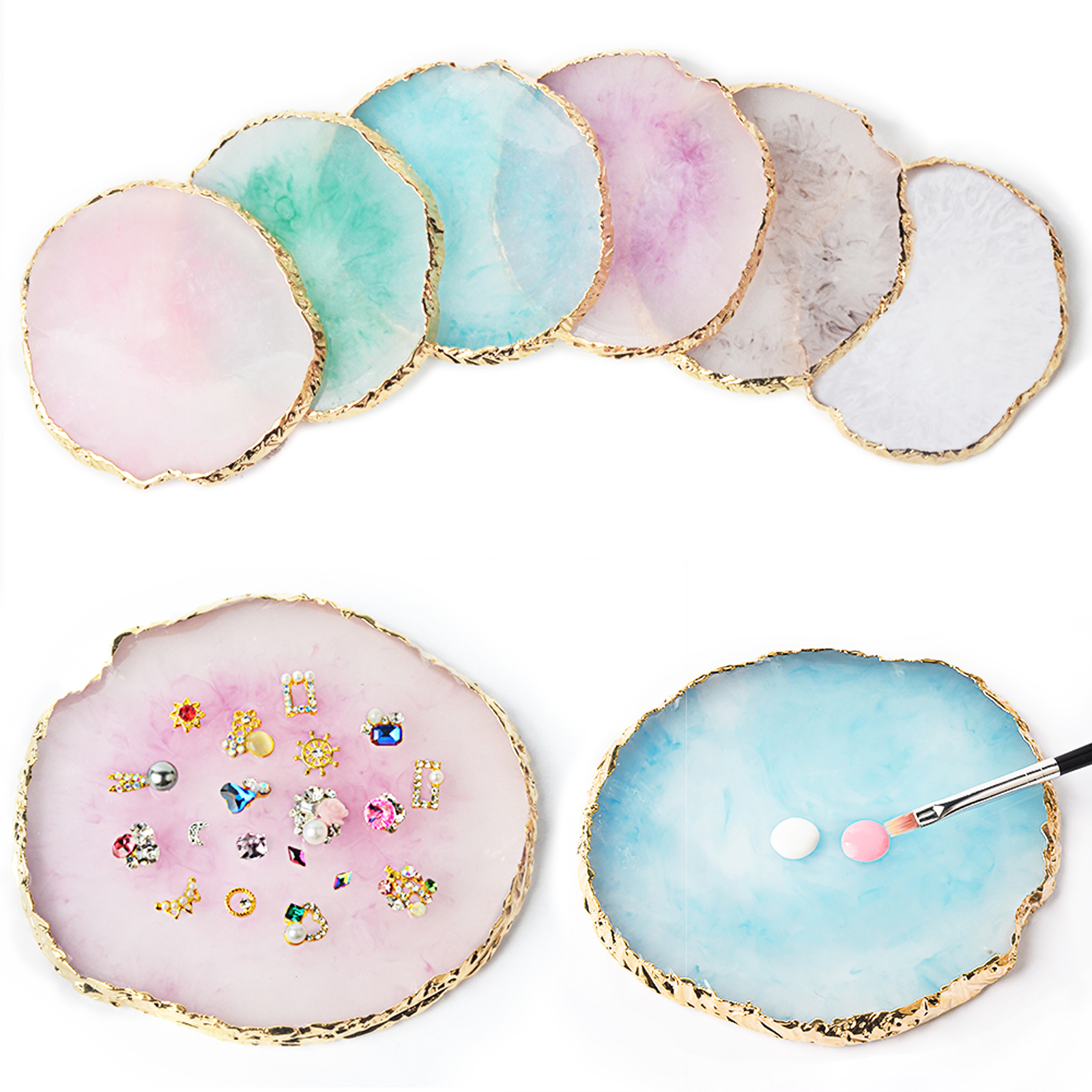 Paleta de uñas de piedra de ónix de resina redonda, soporte de exhibición para decoración de uñas, bandeja de esmalte de Gel, bandeja de pigmento de pintura mixta, soporte de exhibición para decoración de uñas, 6