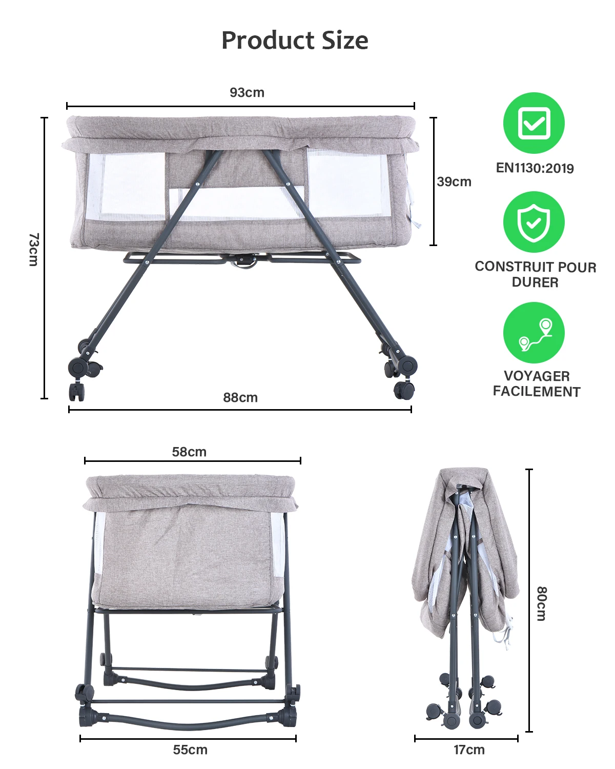 UUBRAVOO Lit de Voyage  bébé, Lit Bebe avec Matelas et silencieuses Roues  , Berceau à Bascule Transformable, XYT-001