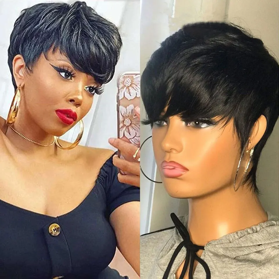 Cabelo humano brasileiro em linha reta pixie bob peruca curta com franja cabelo remy máquina completa feita para preto feminino acessível usar para ir