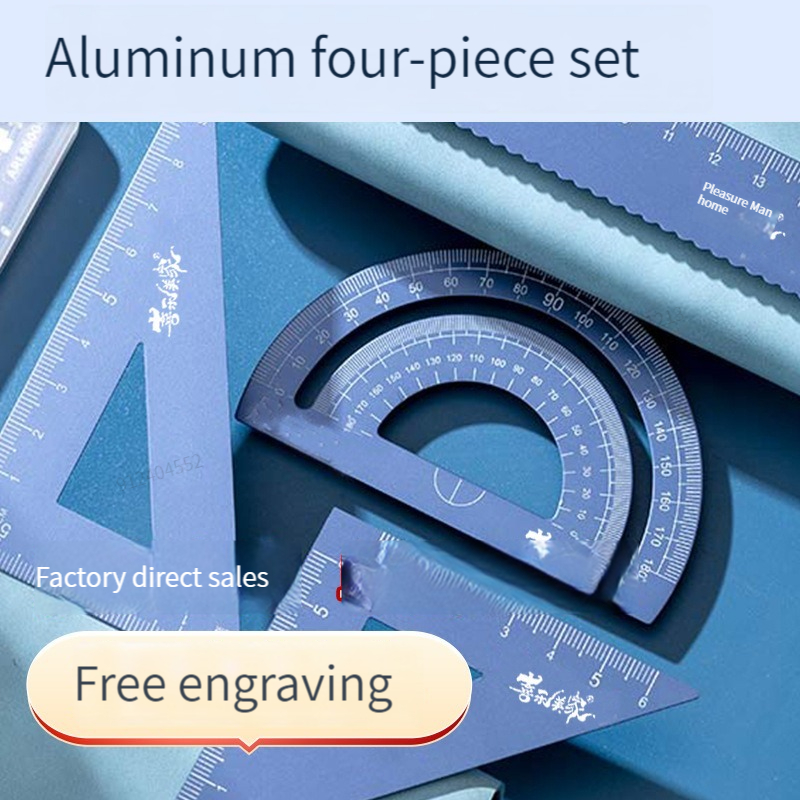 4-in-1-Lineal aus Aluminiumlegierung, Schreibwaren-Set, multifunktionales Kombinationslineal aus Aluminiumlegierung, dreieckiger Winkelmesser zum Zeichnen