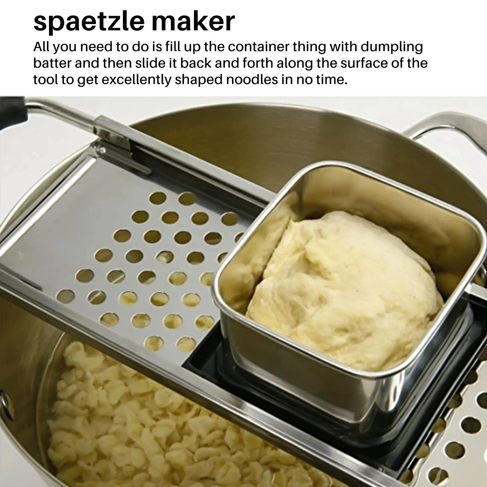 BABQ Spaetzle Maker in acciaio inossidabile con impugnatura in gomma confortevole per noodle con gnocchi