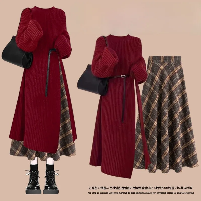 plus Size Casual Knitted Set for Women High Waist Slimming Split Sweater And Mini Skirt Two Piece Spring Fashion Ensemble