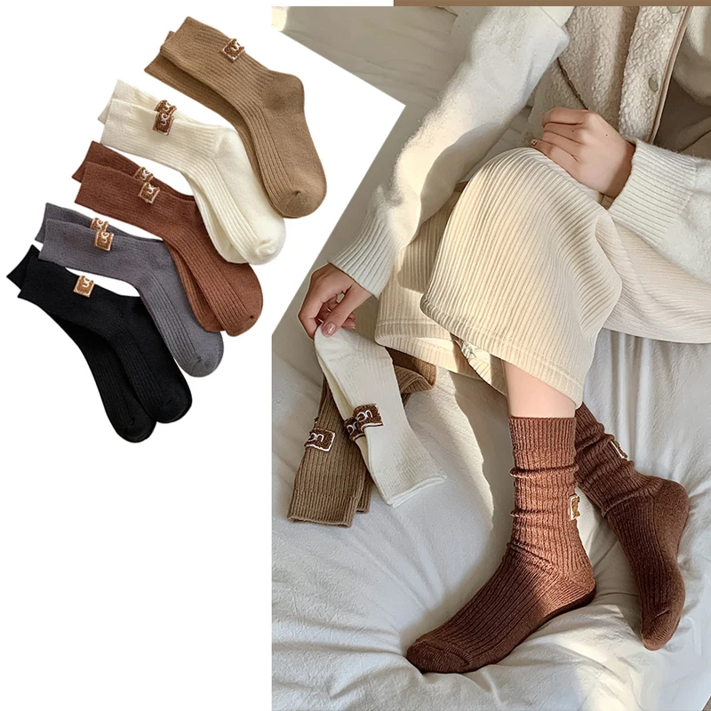 2 Pairs Luxury Socks Women Cashmere Wool Socks Solid Warm Thickened Pile Mid-Calf Socks Casual Embroidered Logo Snow Boot Socks