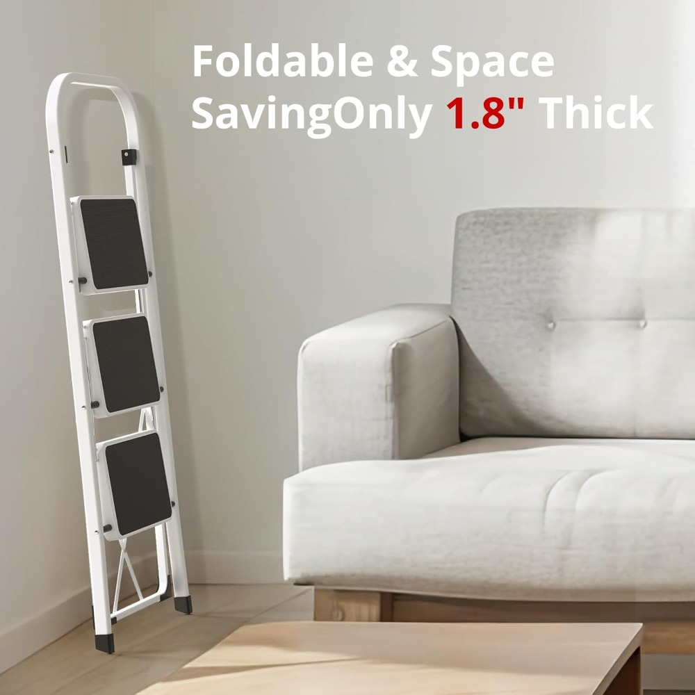SONGMICS Step Ladder, 3-Step Ladder, Folding Ladder, Safety Lock, Space-Saving Storage, 150 kg, Dove Grey/Simiply White
