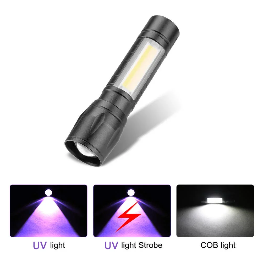 Mini linterna LED + COB UV con enfoque Variable, linterna de 395/365nm, luz de inspección con carga USB, herramienta de detección de manchas de orina de mascotas