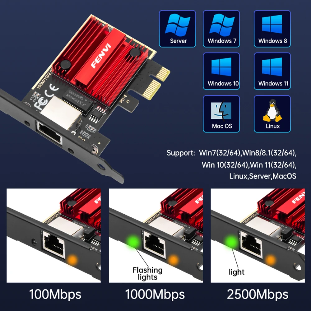FENVI 2.5G PCI-E To RJ45 Network Card RTL8125B Chip 100/1000Mbps 2.5Gbps Ethernet Wired LAN Controller Adapter For Win7/8/10/11