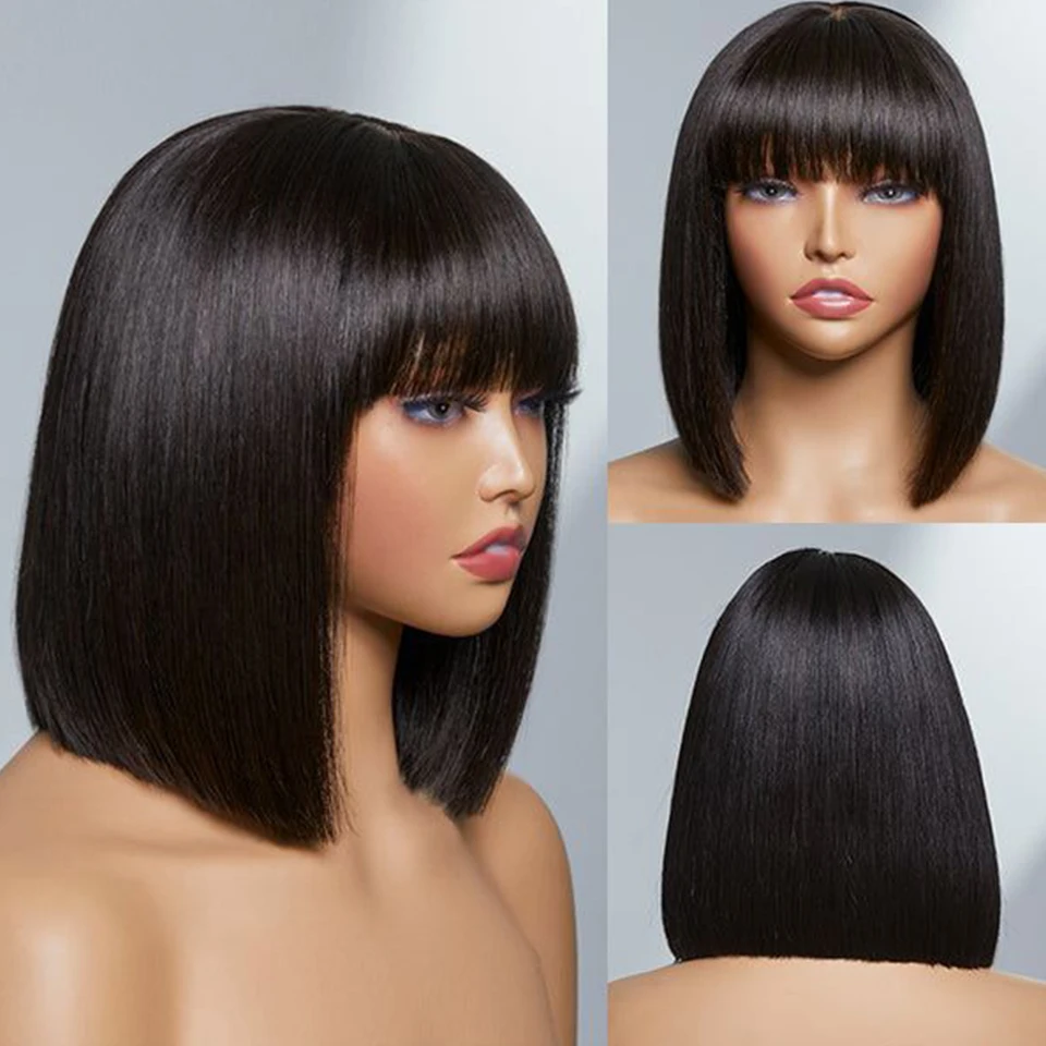 Brasileiro em linha reta bob perucas de renda sem cola em linha reta perucas de cabelo humano com franja parte média bob perucas de renda couro cabeludo realista