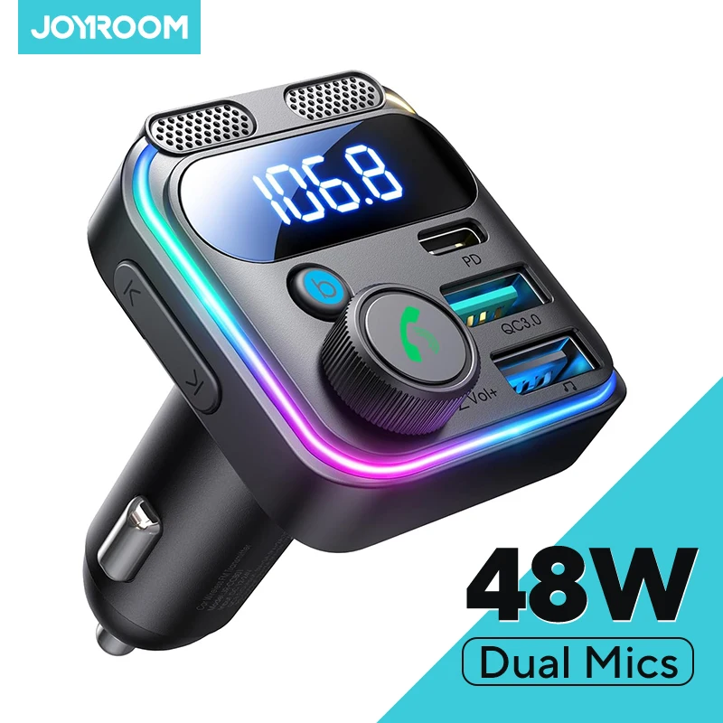 JOYROOM 48 Вт Bluetooth 5,3 Автомобильный FM-передатчик Двойные микрофоны PD & QC 3.0 Автомобильное зарядное устройство для быстрой зарядки Адаптер U-диска Громкая связь