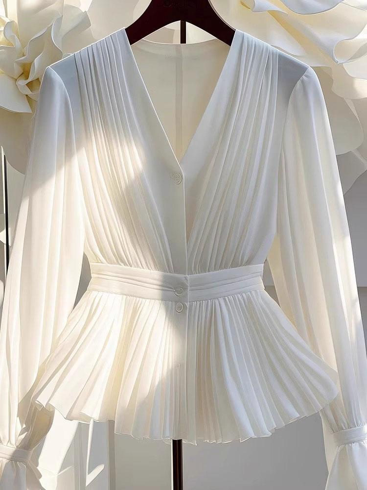 若者のエレガントなプリーツ白長袖ボタンアップシャツ女性 V ネックフリルチュニックベーシックブラウスシフォン女性オフィスカジュアル