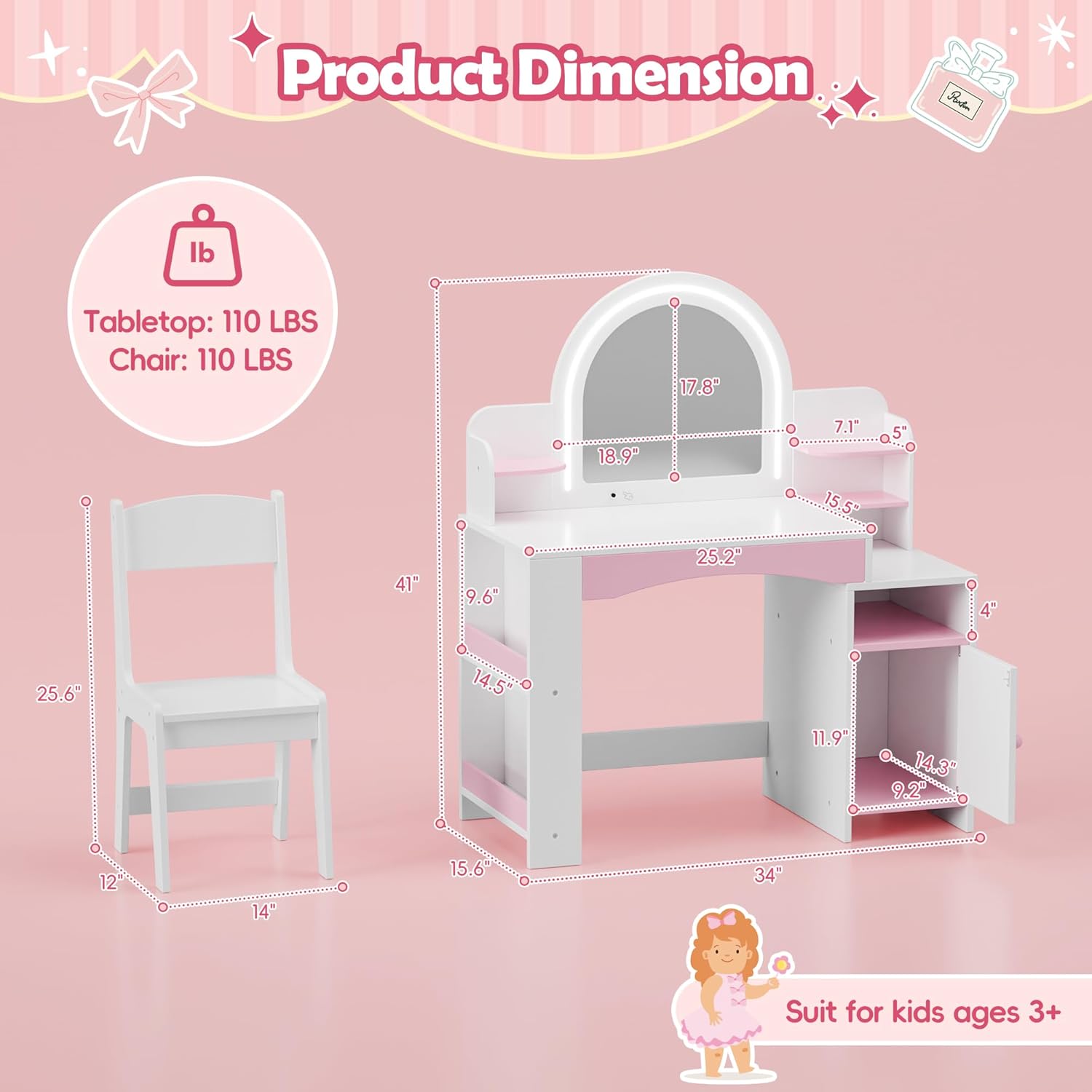 Kids Vanity with Lights, 2-in-1 Makeup Desk & Chair Set with Mirror, White Warm home