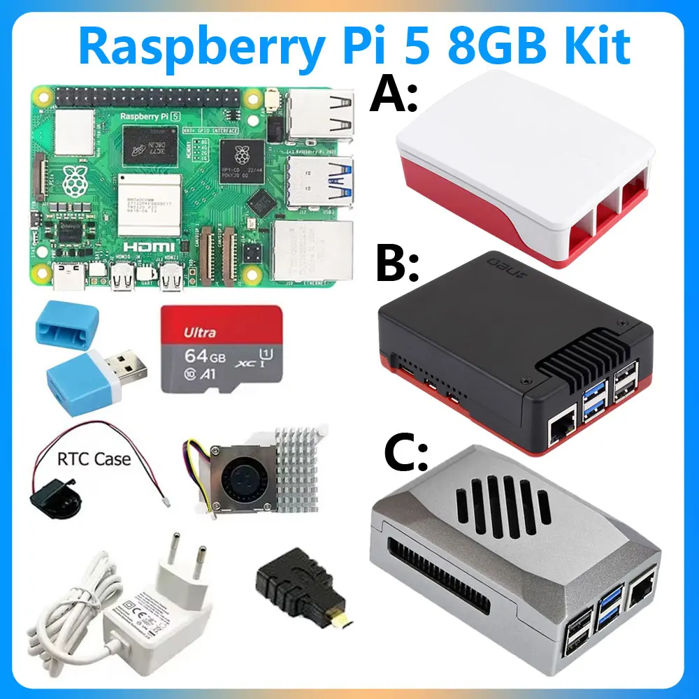 Raspberry Pi 5 Модель Pi5 2 ГБ/4 ГБ/8 ГБ Оперативная память Комплект питания 27 Вт + корпус + карта 64 ГБ + кард-ридер + карта RTC