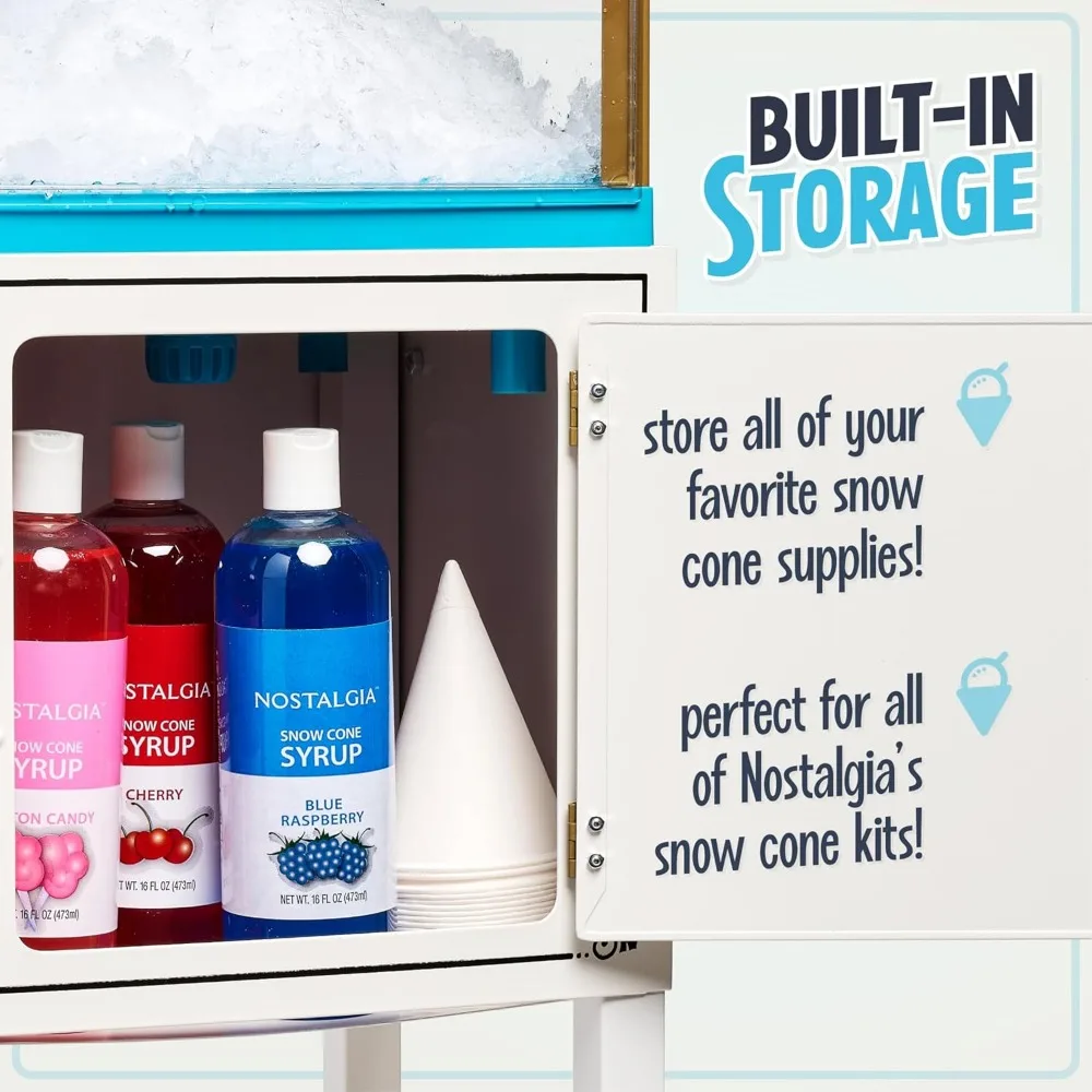 Snow Cone Shaved Ice Machine - Retro Cart Slushie Machine Makes 48 Icy Treats - Includes Metal Scoop, Storage