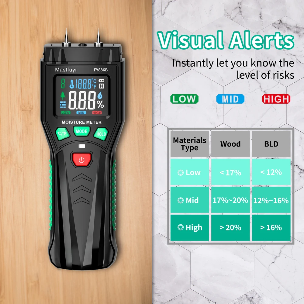 MASTFUYI Handheld Portable Digital Moisture Meter Wood Humidity, Building Materials, Ambient Temperature Detection Color Screen