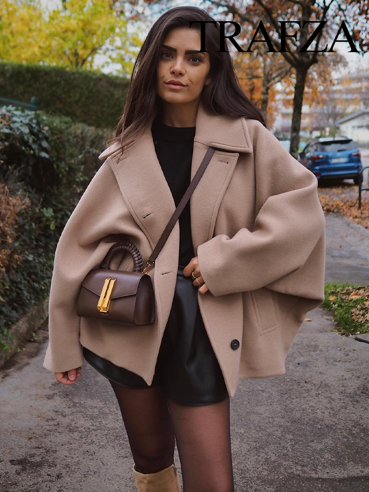 TRAFZA Chaqueta corta holgada de invierno para mujer, chaqueta informal con botones y manga larga con cuello levantado, Top caqui mezclado de lana para mujer Y2K