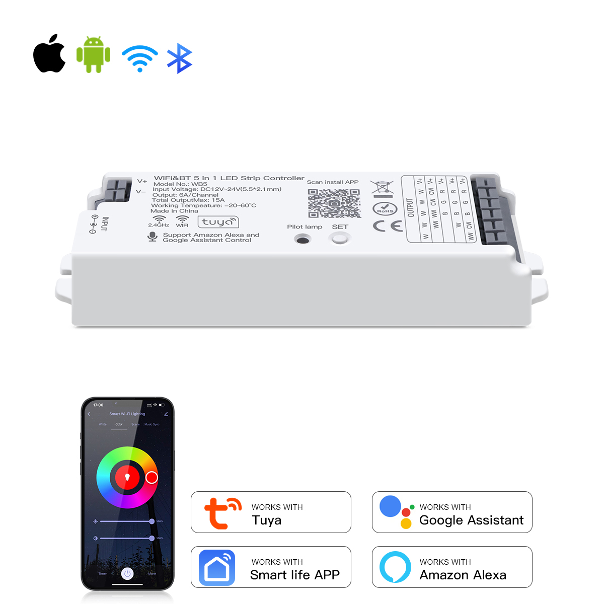 Dimmbarer led streifen rgb controller 12v-24v 5 in 1 led dimmer tuya smart alexa google home rgbw cct einfarbiger wifi lichtsc halter