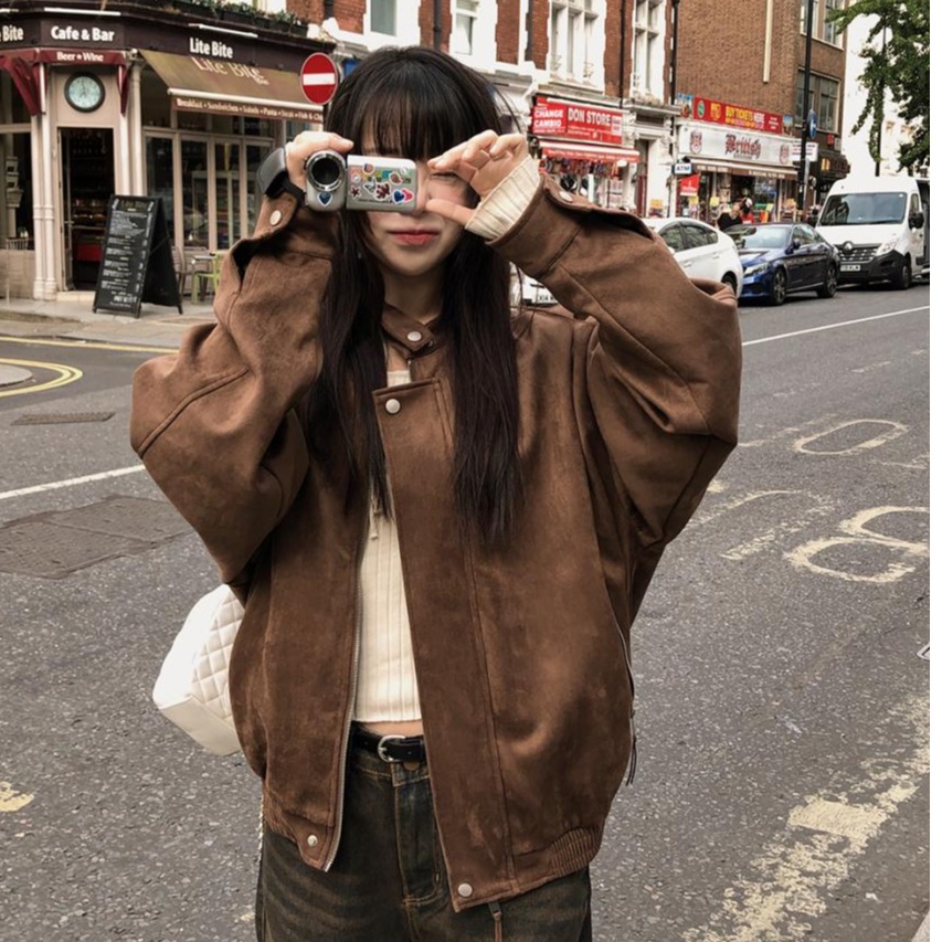 ChicAutumn/冬 ハーフポロ タートルネック ジッパー付きセーム革 ルーズフィット 長袖 ジャケット レディース ファッション アウター