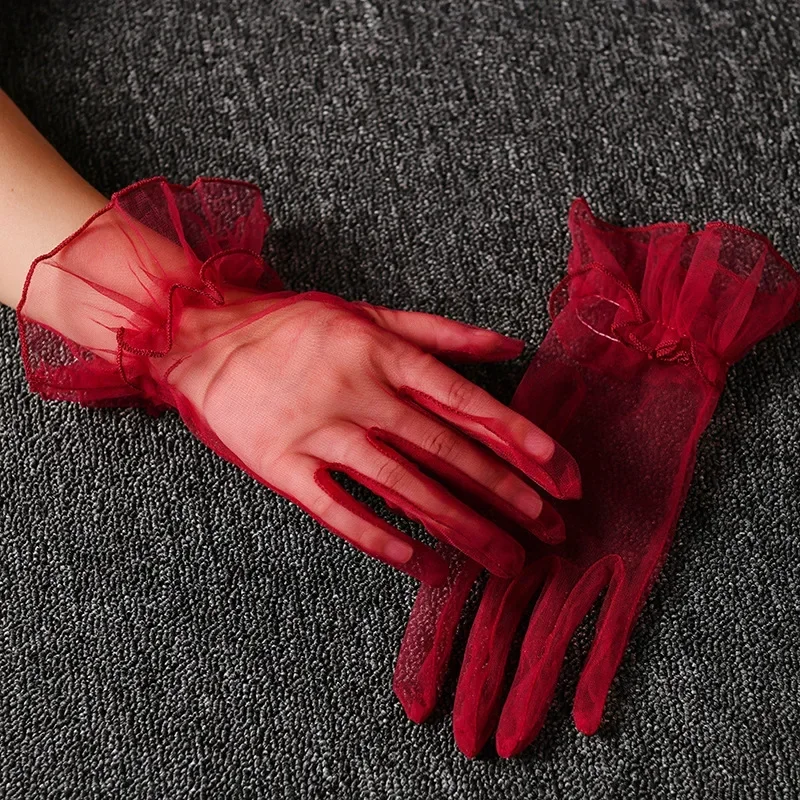 Gants courts en Tulle pour femmes, pour mariage d'été, blanc, noir, élégants, en dentelle extensible, mitaines à doigts complets, gants transparents en maille
