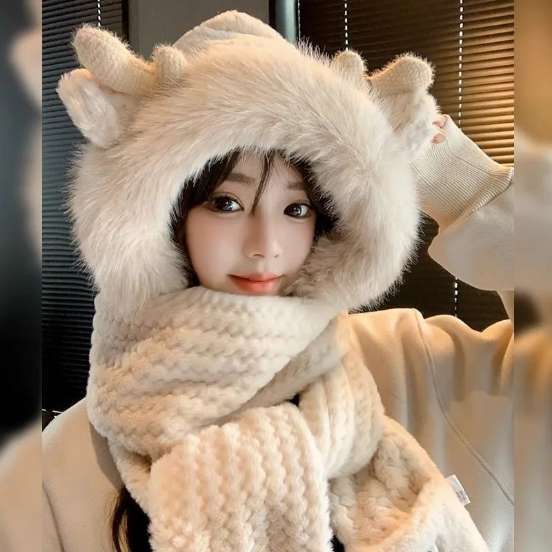 Moda Corna di alce Peluche Cappello Sciarpa Guanti Protezione per le orecchie invernale da donna Addensato Lei Feng Cappello Ciclismo Berretto da sci Antivento