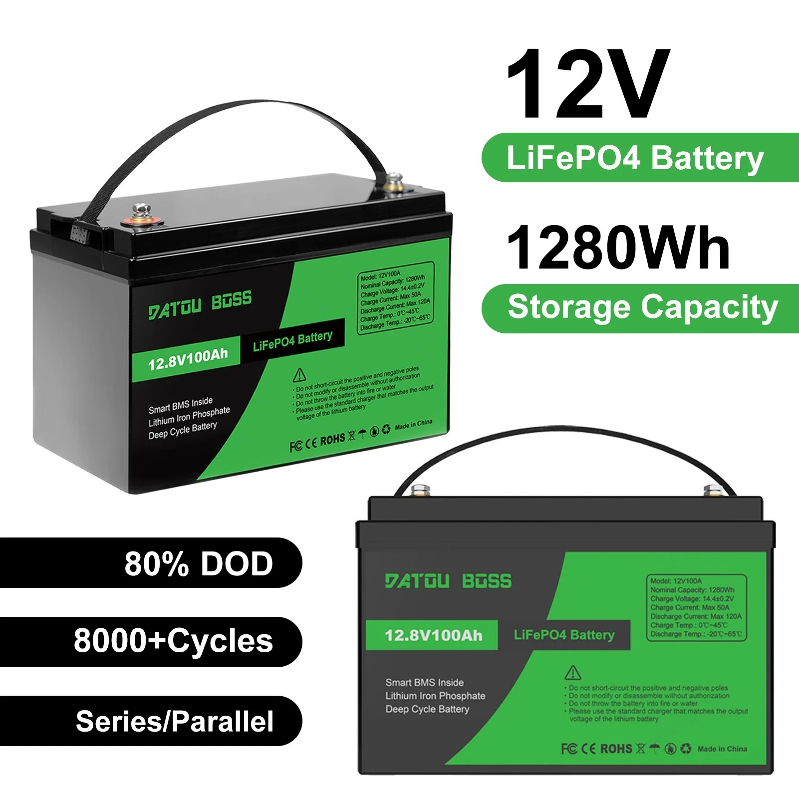 DATOUBOSS 12V100Ah Akumulator litowo-żelazowo-fosforanowy o głębokim cyklu Wbudowany inteligentny system BMS do wózków golfowych RV Łódka Układ Słoneczny BEZ PODATKU