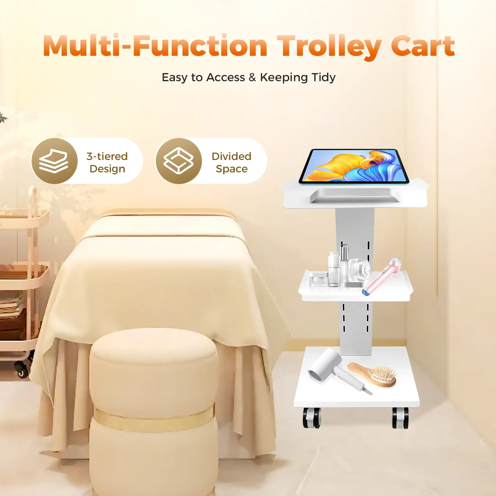 Chariot multifonction à 3 niveaux, 3 prises, 4 roues, capacité de 100kg, hauteur réglable, idéal pour une beauté, une utilisation médicale ou de laboratoire