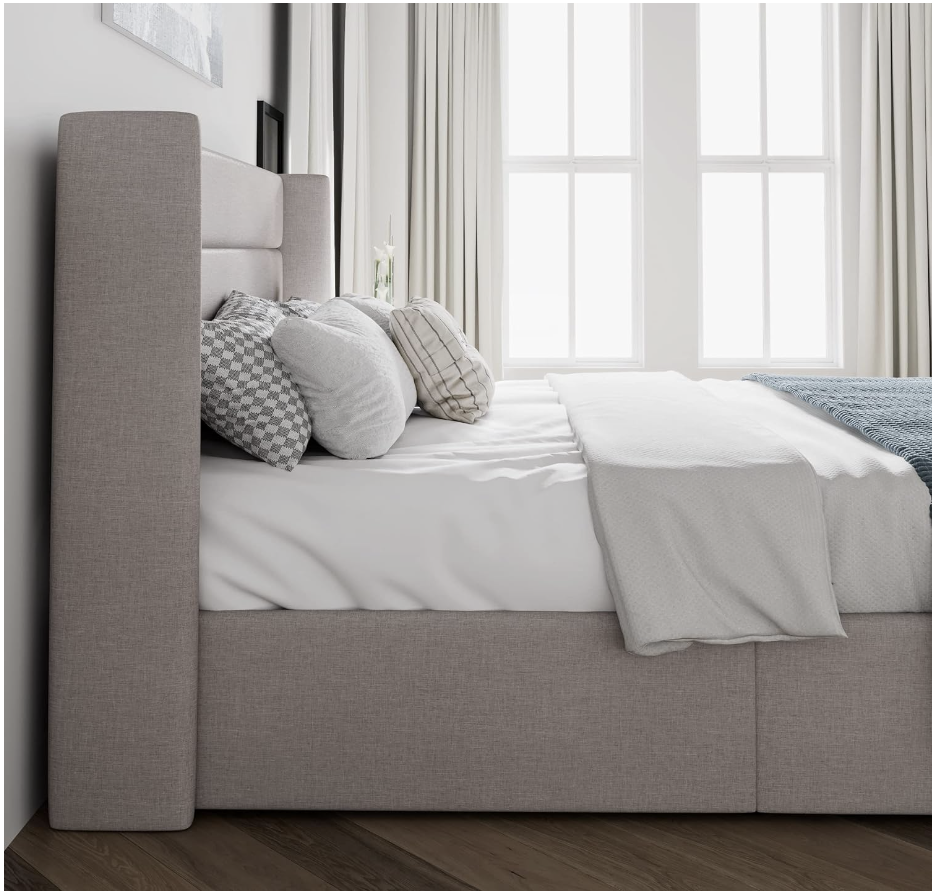 King Size Lift Up Storage Bed/Modern Wingback Headboard/Upholstered Platform Bed Frame/Hydraulic Storage/No Box Spring Needed/Wo