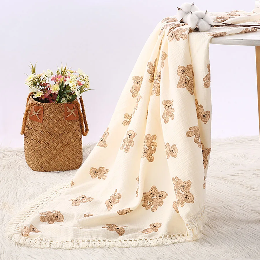 หมีน่ารัก Muslin Squares ผ้าฝ้ายผ้าห่มเด็กสําหรับทารกแรกเกิดลายสก๊อตทารก Swaddle ผ้าห่มทารกอุปกรณ์เสริมเตียงผ้าพันคอฤดูร้อน