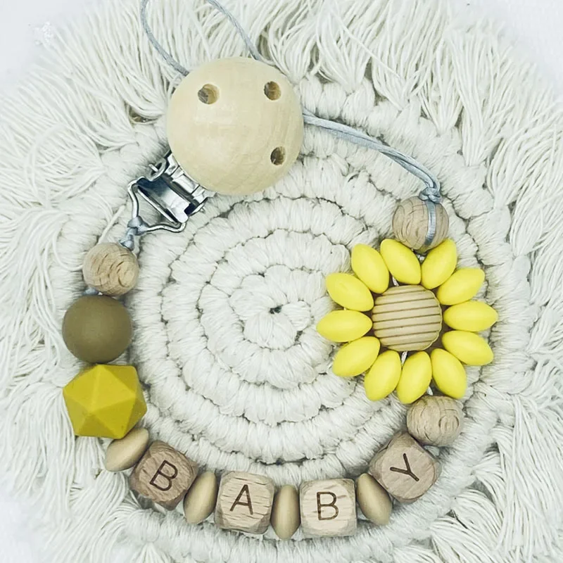 Cuentas de silicona con nombre personalizado para bebé, anillo de flores, Clips para chupete, cadenas de dentición seguras, mordedor, Clips de haya simulados ecológicos