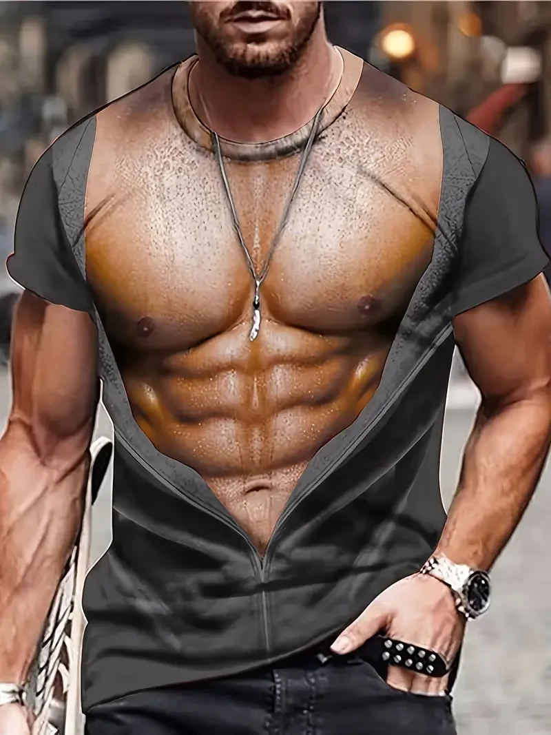 3D デジタル筋肉質の男性の体のパターンクルーネックと半袖 Tシャツ小説とスタイリッシュな夏のトップスアウトドアカジュアルトップス