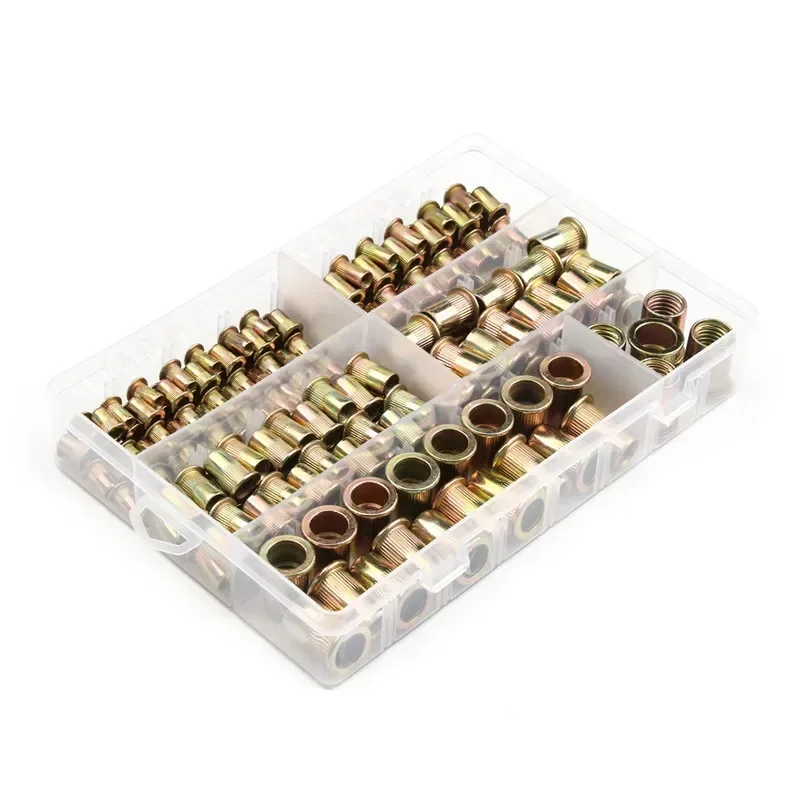 210/165/100PCS Box Nietmuttern Kohlenstoffstahl M4 M5 M6 M8 M10 M12 Flachkopf Nietmuttern Set Hardware Multi Größen Einsatz Nietmuttern