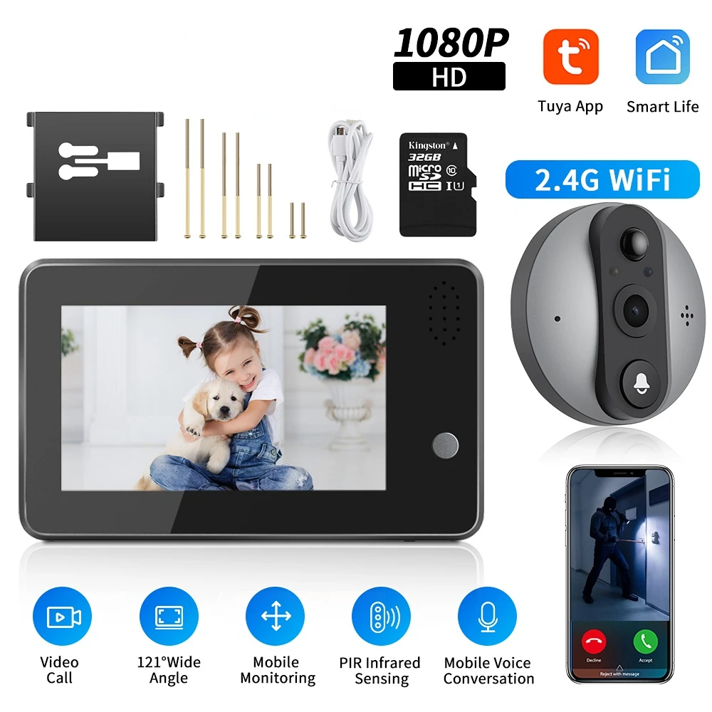4,3 zoll Tuya 1080P WiFi Smart Türklingel Auge Guckloch Kamera Zwei-weg Audio Nachtsicht Guckloch Türklingel außen Monitor