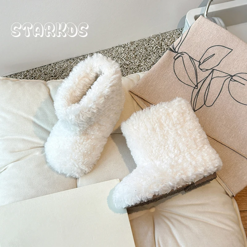 หรูหราหนาตุ๊กตาขนสัตว์รองเท้าเด็กผู้หญิง Fluffy WARM Plush Booties เด็กวัยหัดเดินเด็กฤดูหนาวการออกแบบแบรนด์รอบ Toe SLIP-ON รองเท้าผ้าฝ้าย