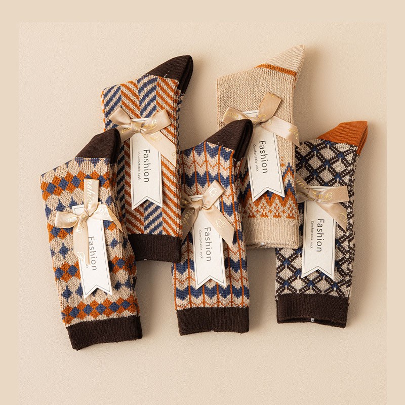 Autumn Winter Cotton Sos Women's Mid-Calf Double Needle Double Road Retro Wave Long Tube Sos Thermal Sta Sos