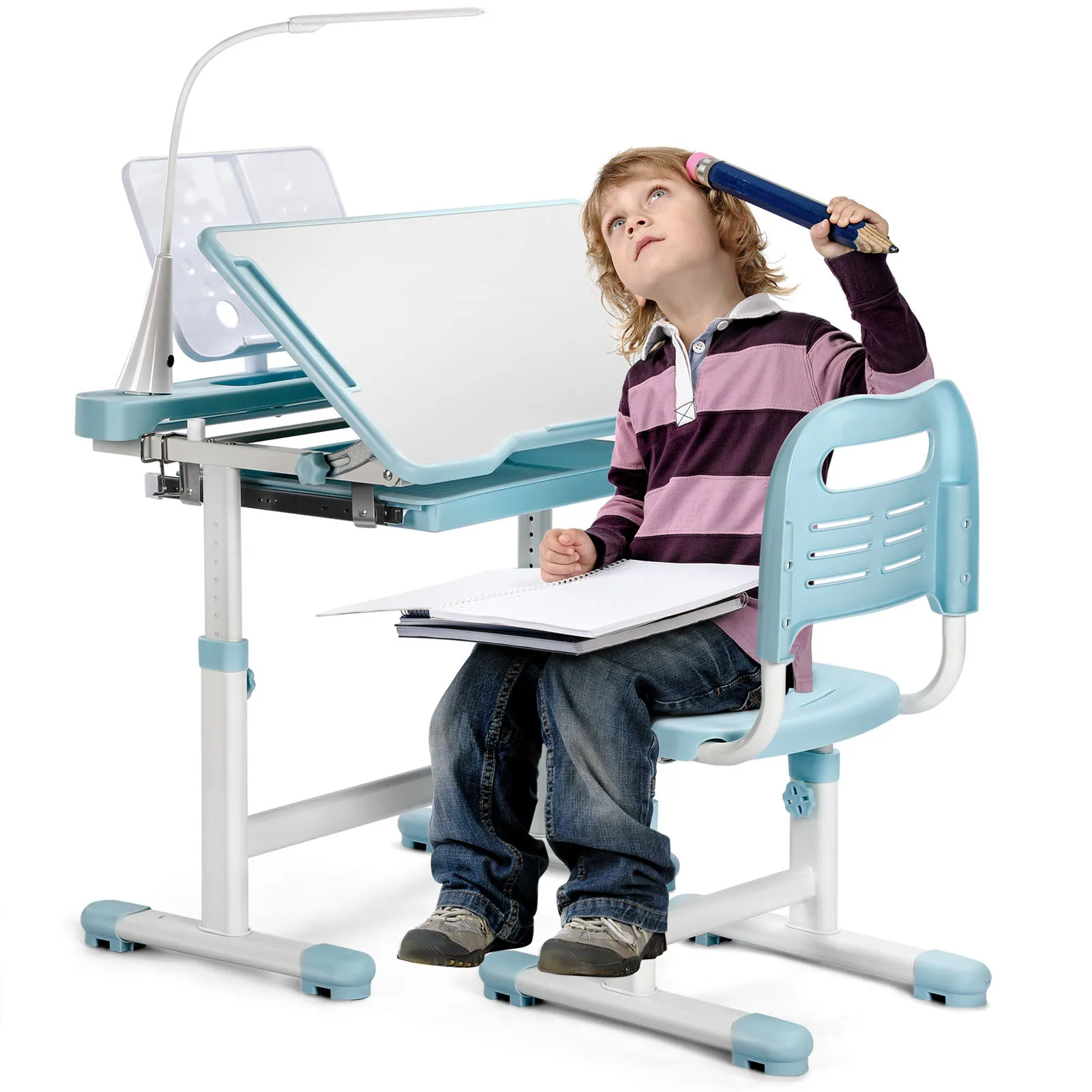 Conjunto de mesa e cadeira para crianças, mesa e cadeira de estudo escolar com altura ajustável com 55 °   Desktop inclinável, 3 modos e 3 lâmpadas LED de brilho,