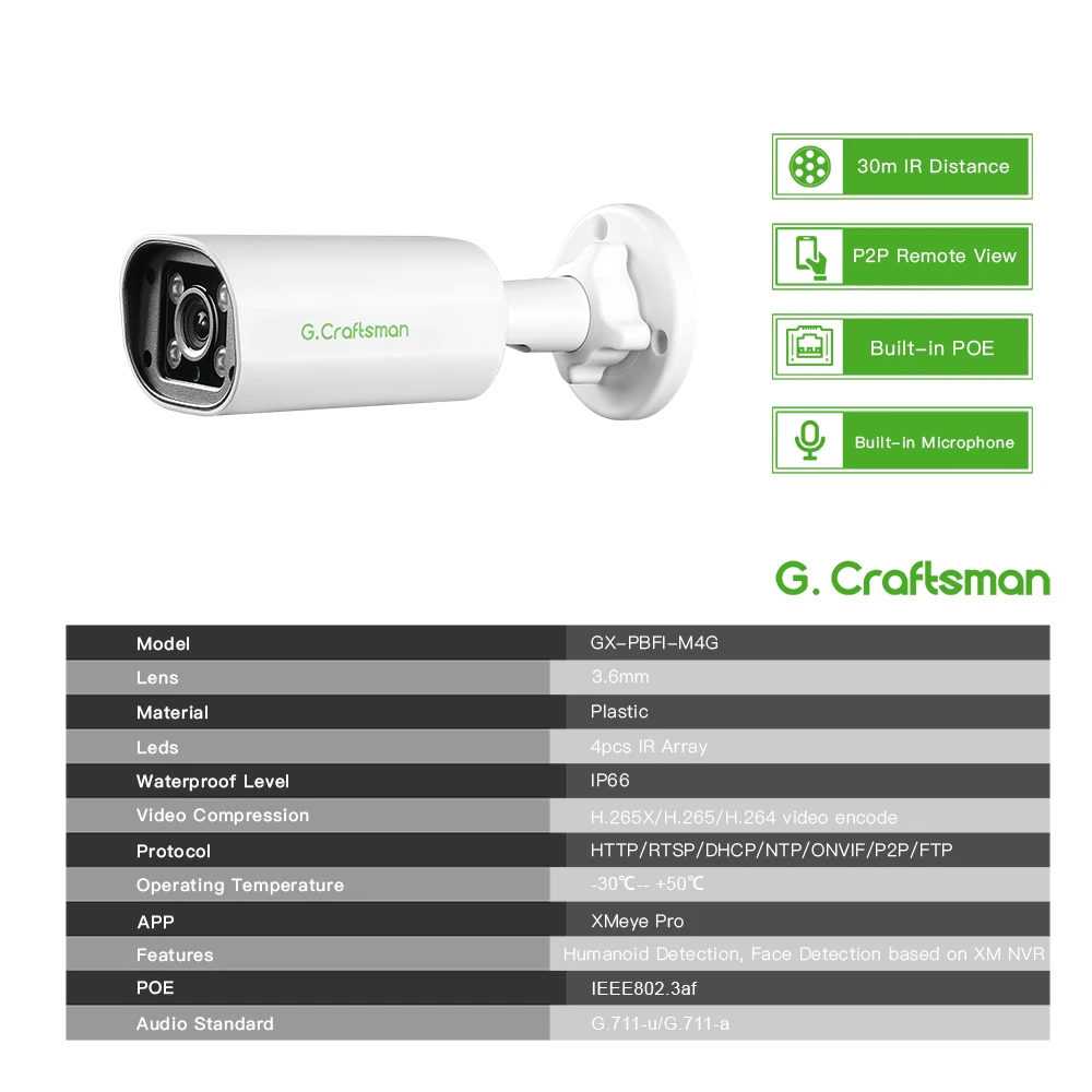 PB GC 4MP POE IP-камера , встроенный микрофон, обнаружение движения/лица, ONVIF, ИК-система видеонаблюдения, для дома/бизнеса