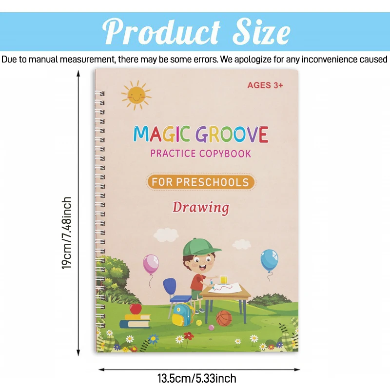 Set di quaderni con inchiostro magico da 4 pezzi per bambini, quaderni di esercizi riutilizzabili per la scrittura a mano per la progettazione di modelli di scanalature e ausilio per la scrittura a mano