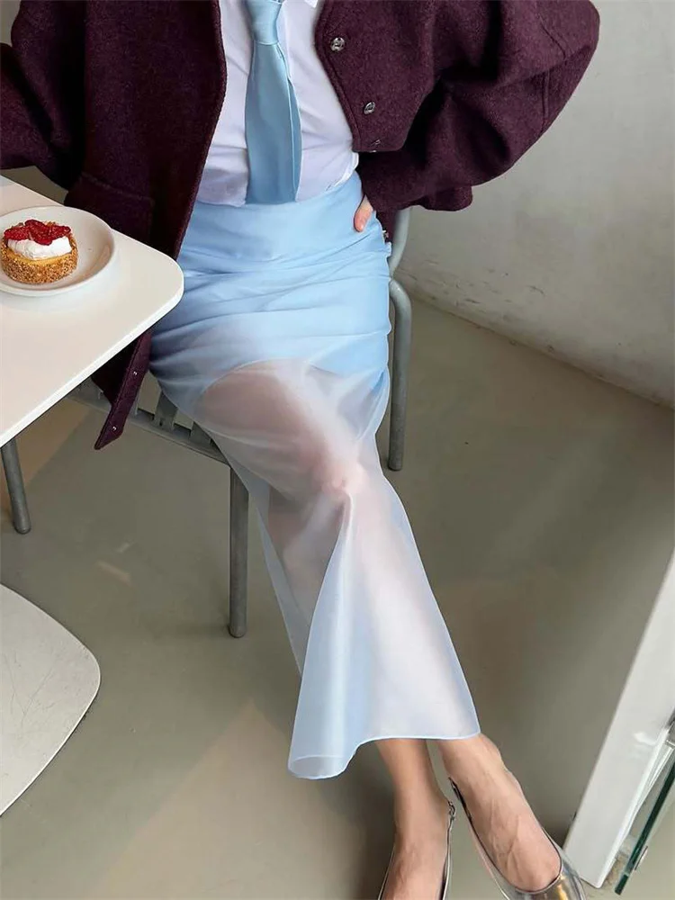 Tossy Estate Trasparente A Vita Alta Gonna Lunga Femminile Sottile Patchwork Casual Solido Pendolarismo Y2k Gonna Maglia Maxi Gonna da Donna 2025