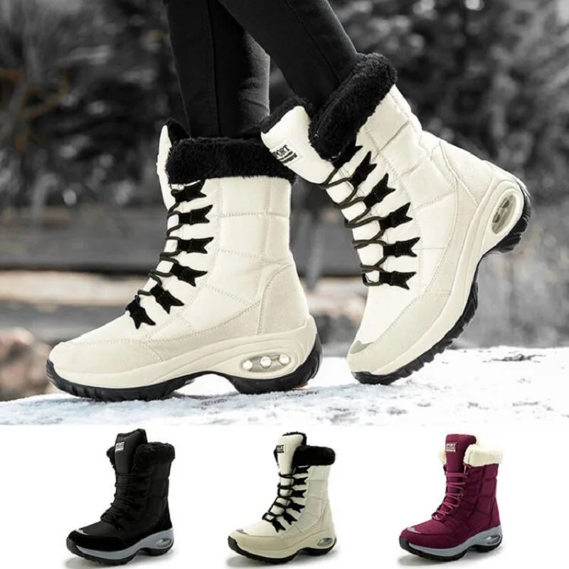 Botas de senderismo de invierno, zapatos para mujer, botas de nieve cálidas de piel con plataforma, impermeables, cómodas botines para exteriores para invierno