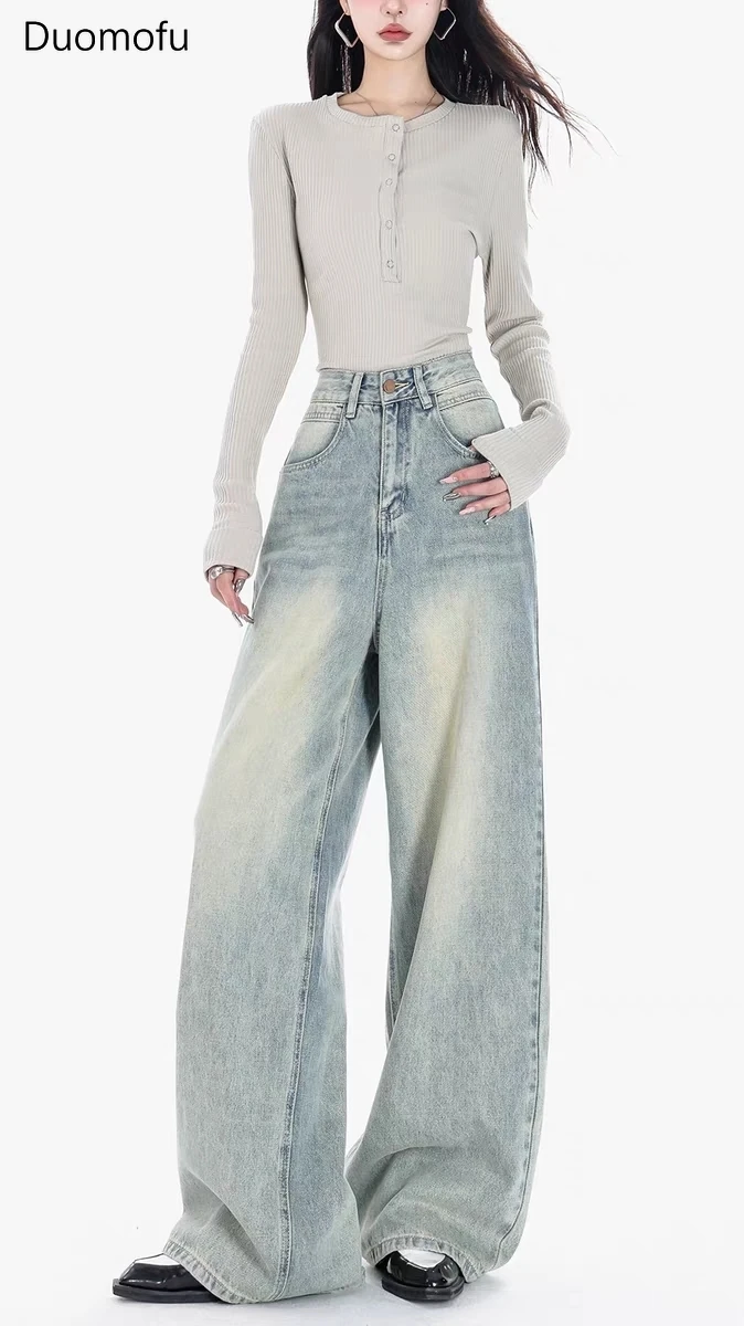 Duomofu-pantalones vaqueros holgados para mujer, Jeans rectos de longitud completa, color azul claro, Vintage, clásico, botón Simple, moda informal, otoño